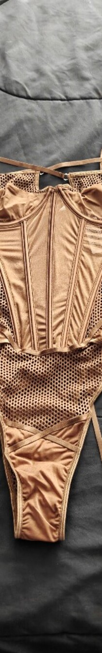 NWT Foreplay Women’s Tan Mesh and Satin Bodysuit